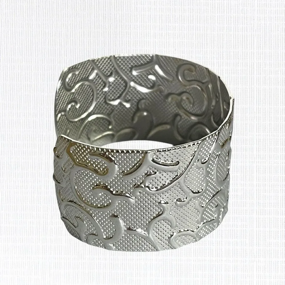 HOB Textured Cuff Bracelet Vines Scrollwork Silver Tone Stainless Steel Wide